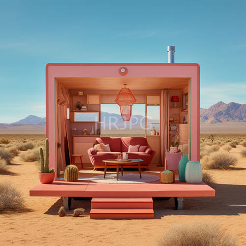 pastel pink tiny house in desert mountains