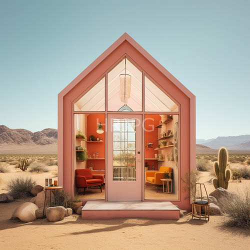 a frame pink tiny house with large glass windows