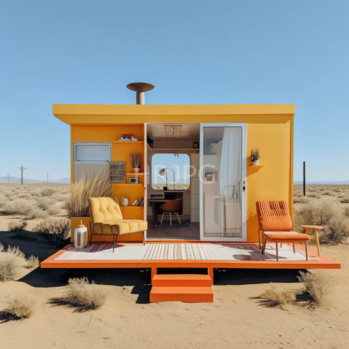 modern yellow house with orange accents in desert