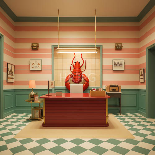 striped pink office with red lobster desk