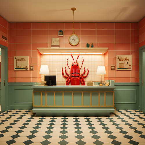 mint green reception desk with red lobster statue