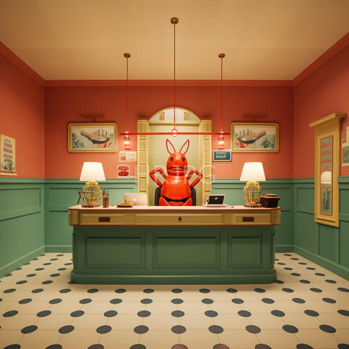 polka dot office with red rabbit statue