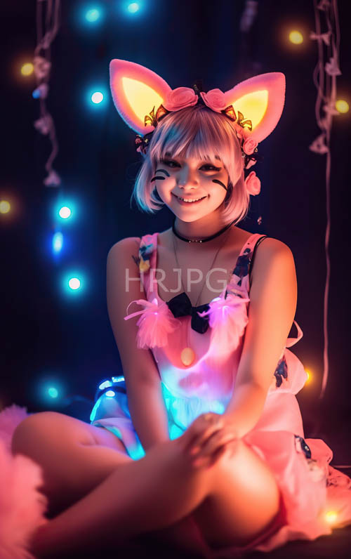 glowing neon fox ears and fluffy pink dress