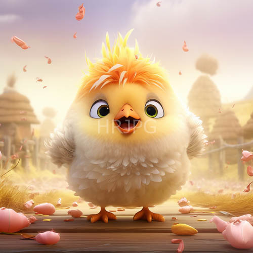yellow chick on wood planks with falling petals