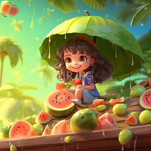 High Resolution: Curly-Haired Girl with Watermelons under Green Umbrella download. | HRJPG.com