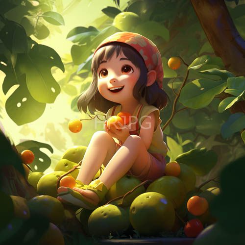 short haired girl in tropical forest with fruits