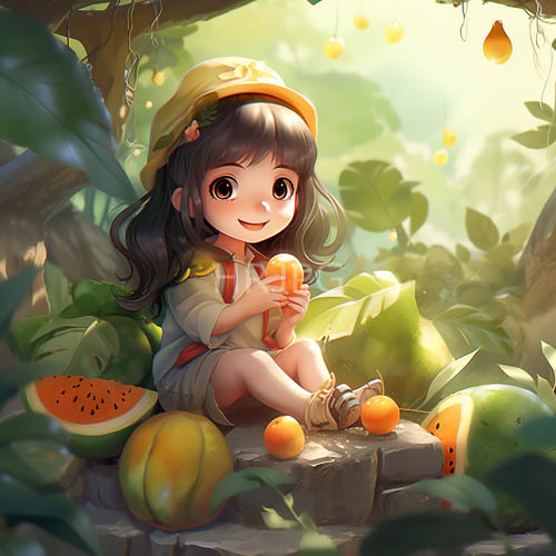 yellow hat and watermelons in dappled greenery