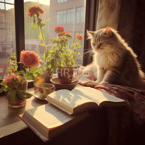 orange tabby cat on windowsill with geraniums