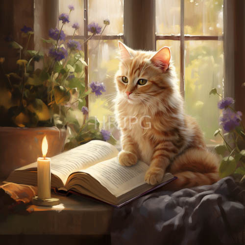 orange tabby kitten on open book by candlelight