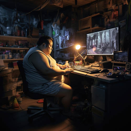 cluttered home office typing portrait