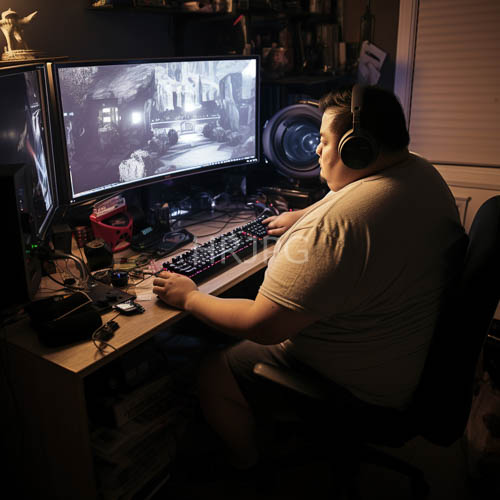 dual monitor gaming setup in dim room