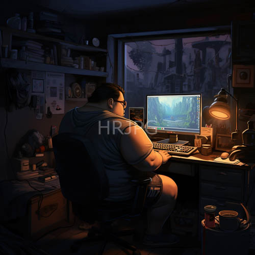inky skinned man coding in dimly lit room