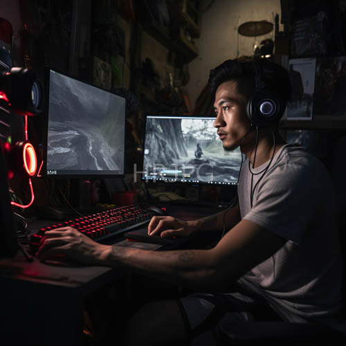 red mechanical keyboard and dual monitor gaming