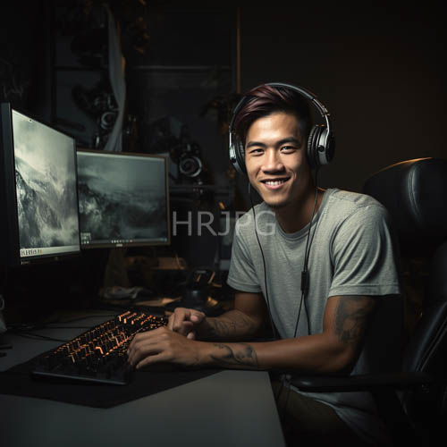 maroon haired gamer with arm tattoos and dual monitors