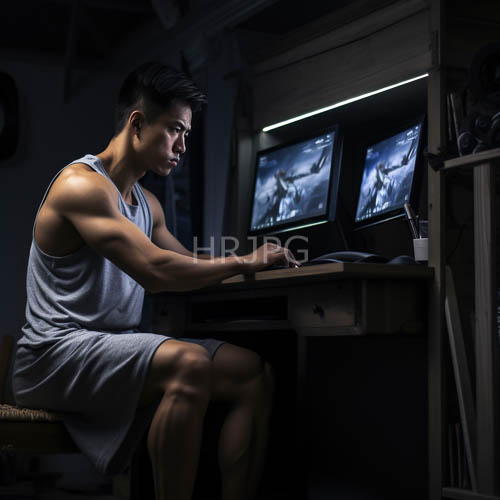 muscular gamer with martial arts dual monitors