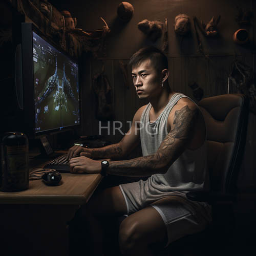 tattooed right arm gamer with gray tank top
