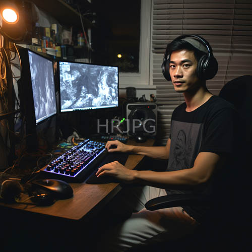 grayscale dual monitor setup with graphic tee