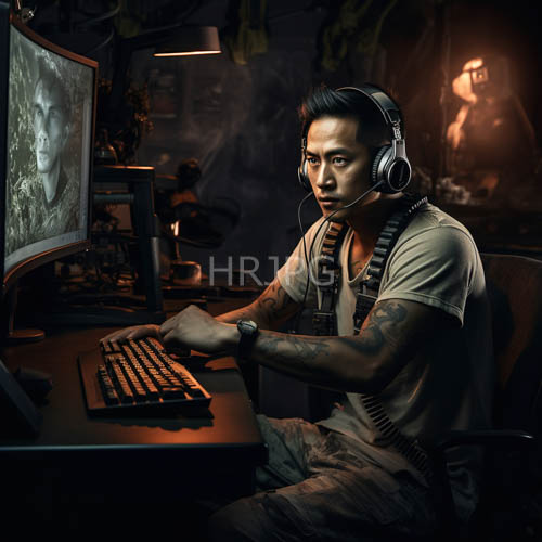 camouflage pants and grayscale face portrait monitor