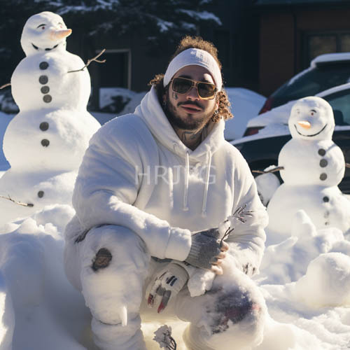 white hoodie and dual snowmen in winter setting