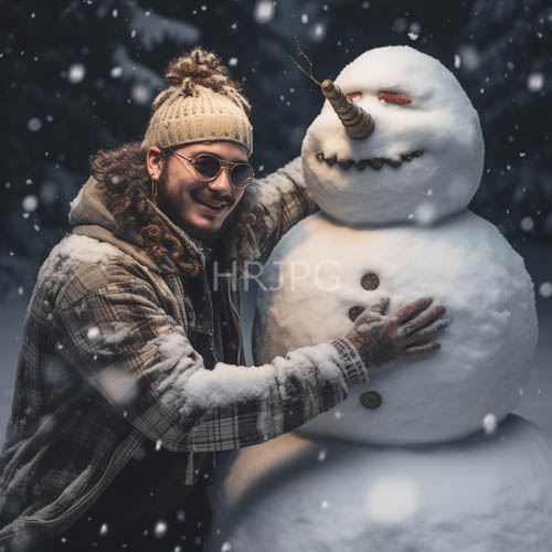 plaid jacket and forest snowman hug