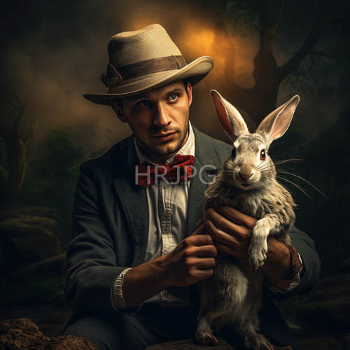 vintage gray suit and white rabbit in dark woods