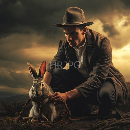 gray fedora and sunset rabbit crouching