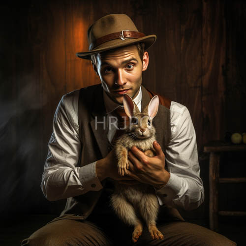 beige fedora and rustic wooden rabbit portrait