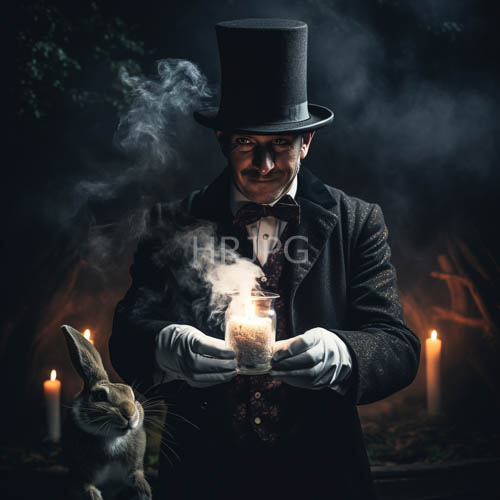 glowing glass jar and victorian magician in dark woods