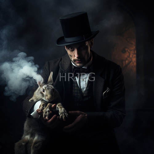 smoke emitting rabbit and black top hat portrait