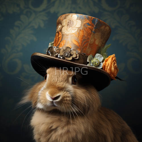 floral ornate top hat on brown rabbit