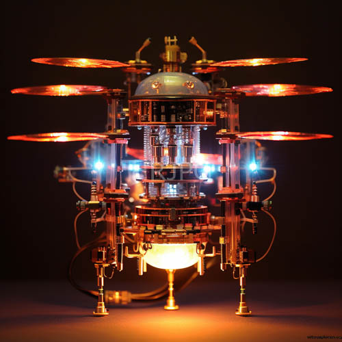 copper and brass drum machine with blue led accents