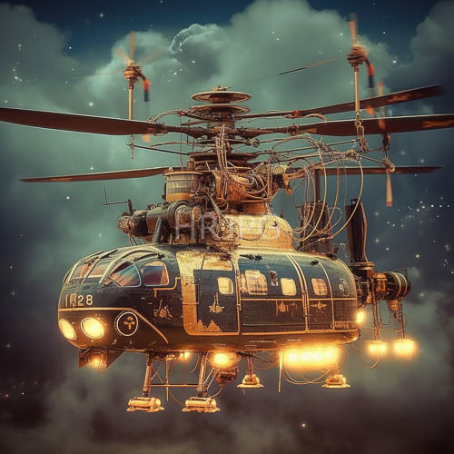 vintage style helicopter hovering in cloudy night sky