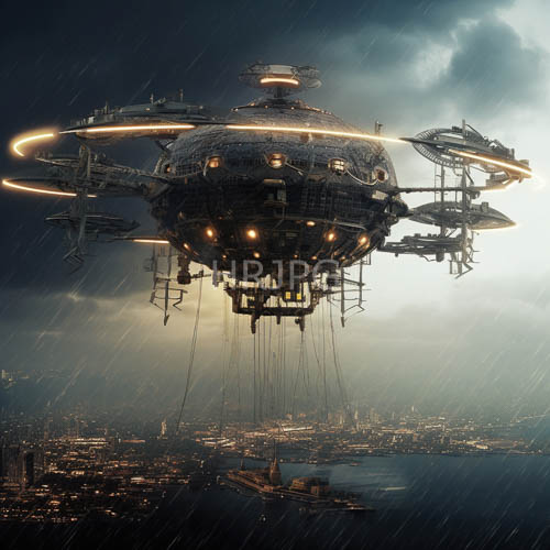 spherical futuristic airship hovering over rainy dusk city