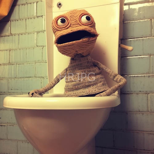 kermit like fabric muppet in white toilet bowl