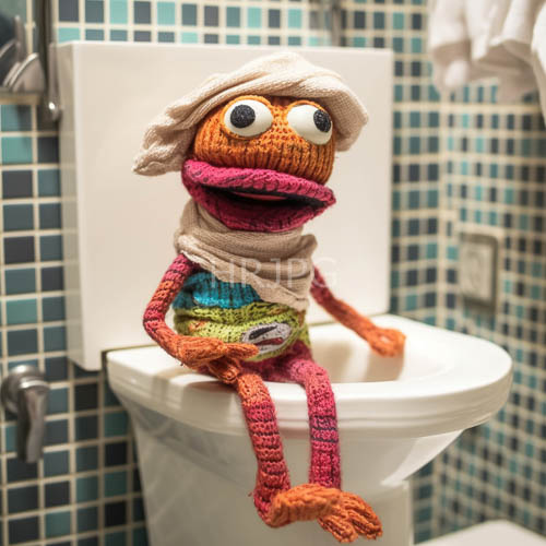 knitted puppet with scarf bandages on teal mosaic toilet