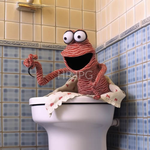 red yarn kermit reimagined on white toilet