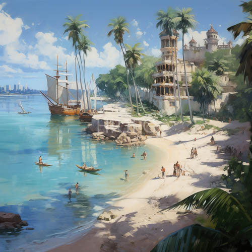 sailing ship anchored near rocky tropical cliffs