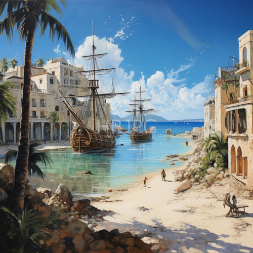 turquoise coastal town and sailing ships oil painting