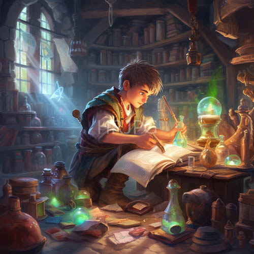 High Resolution: Medieval-Style Alchemist Workshop and Writing Boy download. | HRJPG.com