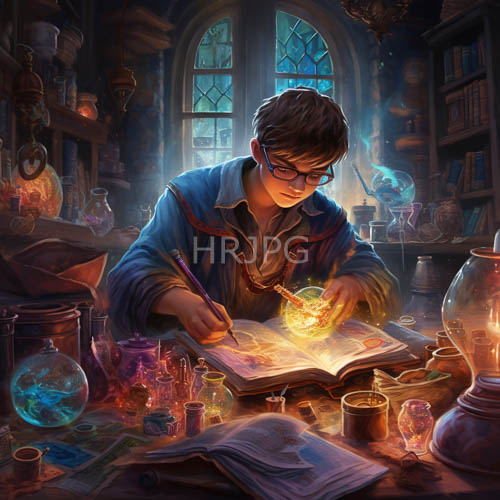 blue shirt scholar drafts notes within glowing tome