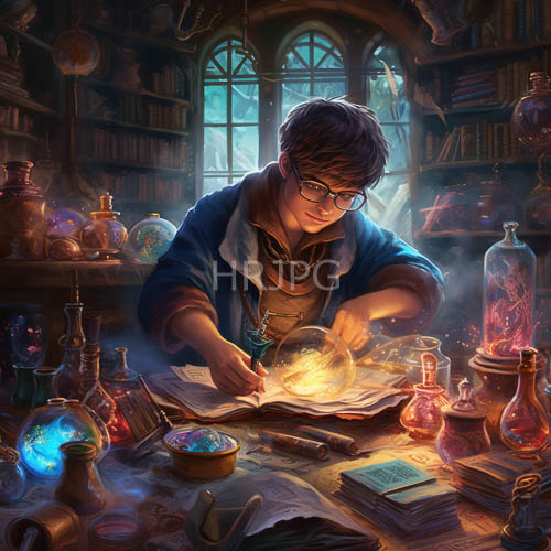 sunlight illuminates old archive filled with alchemical liquids