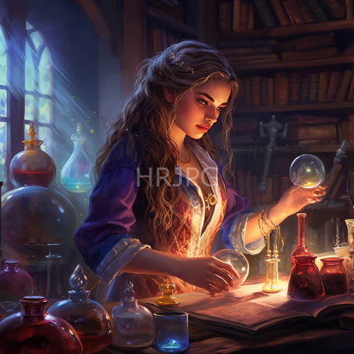 medieval attire adorns ethereal woman mixing mystical elixirs