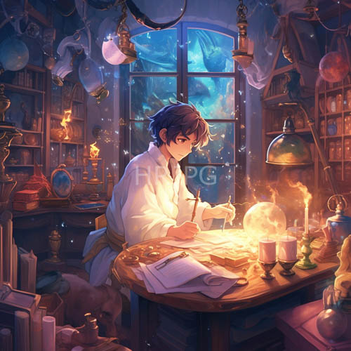 moonlight reveals youthful scholar transcribing notes at desk