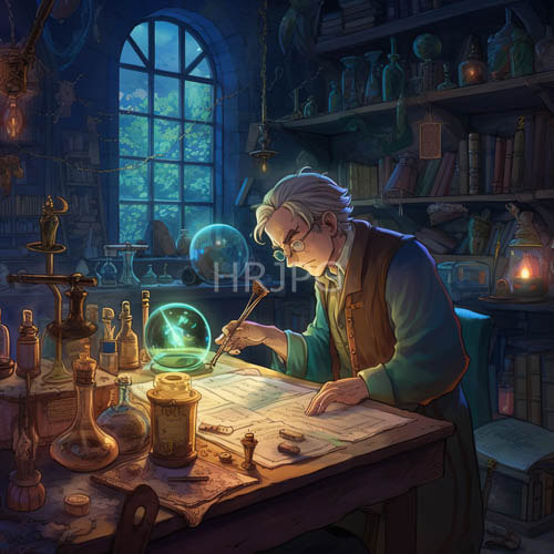 teal robes envelop white haired alchemist writing incantations