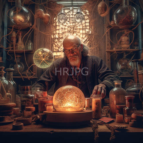tenebrous robes adorn elderly bearded alchemist working daily
