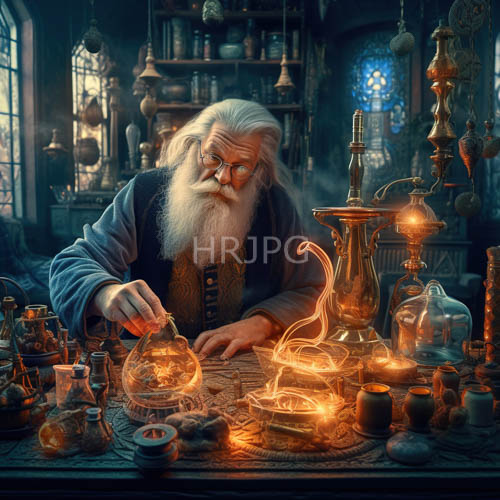 High Resolution: Round Faced Wizard Expertly Mixes Luminescent Potion Solutions download. | HRJPG.com