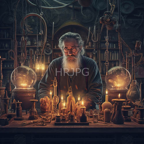 white bearded man operates candle lit alchemy bench