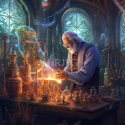 glowing flask illuminates white haired elder in workshop
