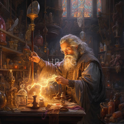 conjuring sparks above cluttered workbench occupies elderly wizard