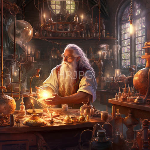 holding glowing orbs above intricate equipment conducts experiments